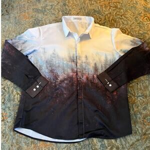 Men’s Ding Ge Fu Shi Button-Down Forest Landscape Shirt, XL